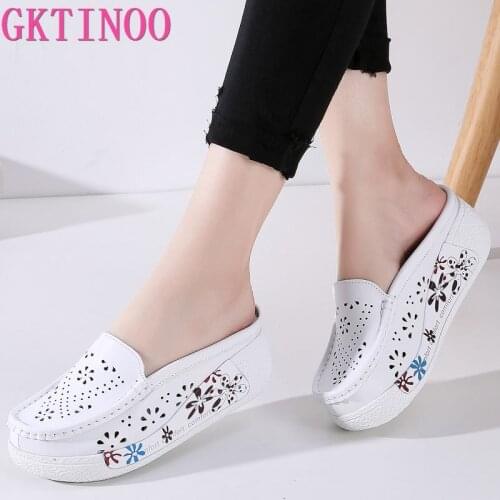GKTINOO Summer Women Platform Slipper Flip Flops Breathable Leather Casual Shoes Slip-on Comfortable Nurses Shoes Wedges Sandals