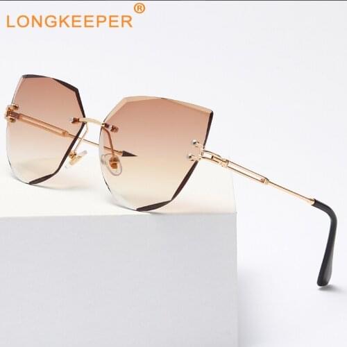 LongKeeper New Fashion Glasses Brand Design Vintage Rimless Sunglasses Women Men Retro Cutting Lens Gradient Sun Glasses Female