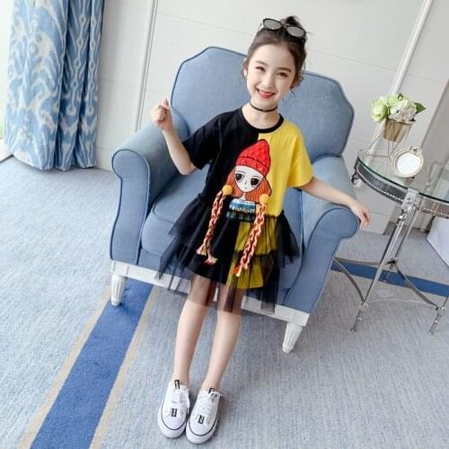 Girls Fashion Dresses 2021 Children Clothes Loose Short Sleeve Girl Print mesh Patchwork Dress Summer Clothes 4-13Y