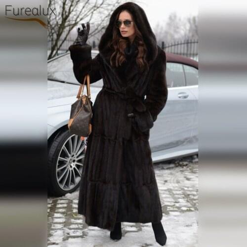 FUREALUX 2021 New Natural Real Mink Fur Coat Womens Long Oversized Cloak Warm Winter Luxury Slim Support Wholesale Retail