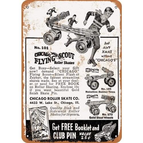 ZMKDLL New 20x30 cm 1947 Chicago Flying Roller Skates Vintage Look Metal Sign 8x12 Inches Wall Decor