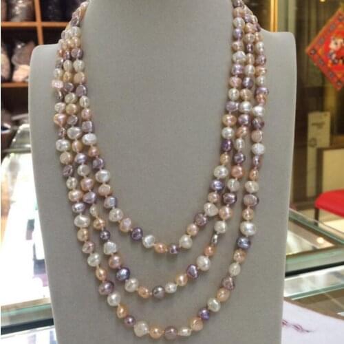 Free Shipping NEW long 60"7-8mm baroque white+Pink+Purple freshwater pearl necklace AAA