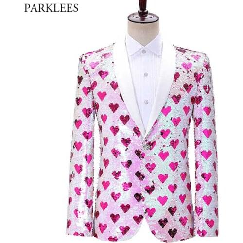 Stylish Heart Print Sequin Tuxedo Blazer Men One Button Shawl Lapel Mens Party Suit Jacket Wedding Groom Stage Singer Costume