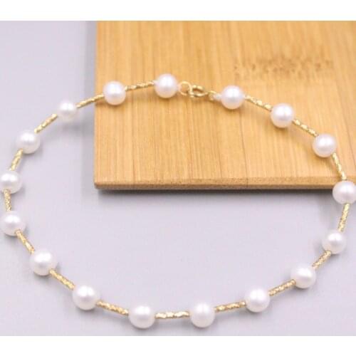 Real 18K Yellow Gold Bracelet For Women Female 5.5mm Beads Natural Freach Water Pearl Bracelet 18.5cmL