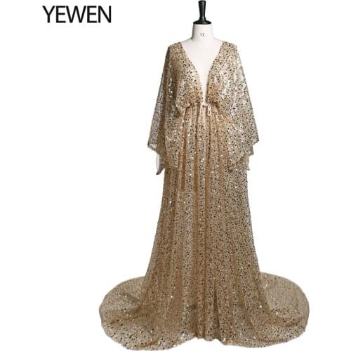 Champagne Gold Sequin with Pearls Maternity Dresses for Photo Shoot Front Slit Fancy Photography Props YEWEN Adjustable Sizes