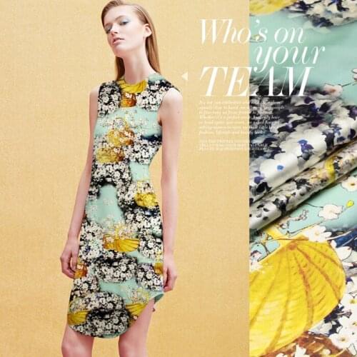 PRINTED SILK STRETCH SATIN 118cm width 19momme Pure Silk Fabric Summer Dresses Mint Green With Floral Pattern