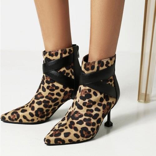 Leopard Print Cross-Strap Sexy Super High Womens Boots Pointed Toe Wine Glasses And Oversized 2021 Autumn/ Winter Short Boots