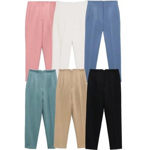 Za Women 2021 Chic Fashion High Waist Pants Vintage Zipper Fly Pockets Office Wear Female Ankle Trousers Xitimeao