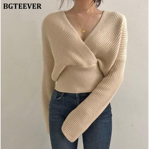BGTEEVER Sexy V-neck Cross Women Knitted Sweater 2020 Spring Loose Warm Female Pullovers Jumpers Slim Waist Knit Tops femme