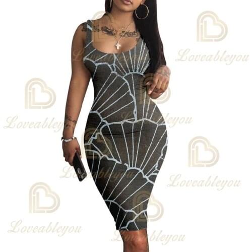 Womens Black and White Printed Sleeveless Dress Slim O-Neck Vest Dress Tank Robe Spring Summer Dress Elegant Vestidos