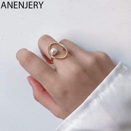 ANENJERY 925 Sterling Silver Irregular Hollow Circle Pearl Ring Geometric Open Finger Ring For Women Gold Color Jewelry S-R802