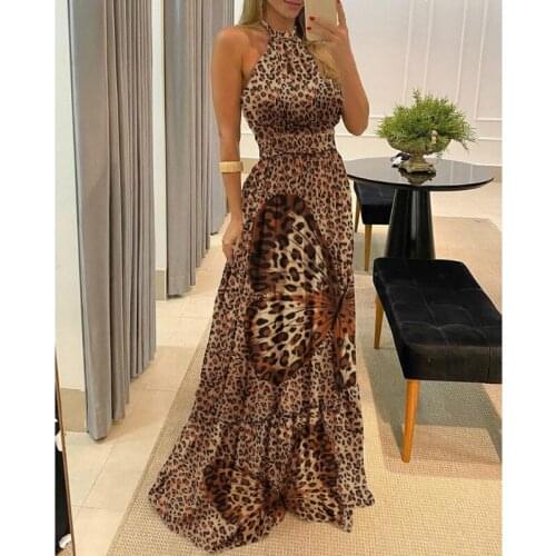 Women Leopard Dress Cover Up Summer Boho Long Sleeve Halter-Neck Tassel Backless Long Dress Ethnic Holiday Style Beach Dresses