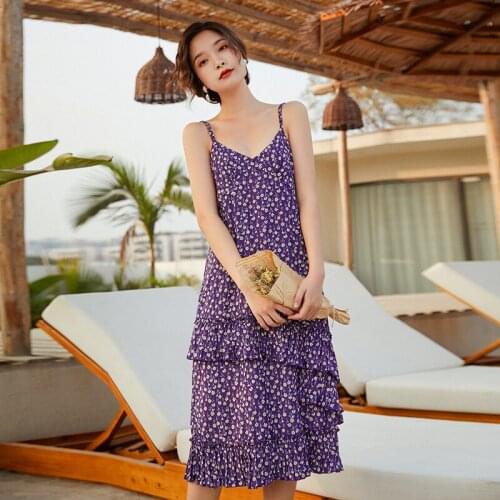 Purple Dress Women Spaghetti Strap Printed Dress Fashion Knee Length Ruffles Elegant 2020 Summer Beach Vestidos Mujer Plus Size