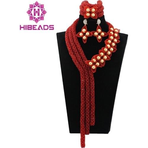 Gold Seed Bead Flower Handmade Crystal Necklace Burgundy Floral Nigerian Wedding African Beads Jewelry Set Free Shipping ABL532