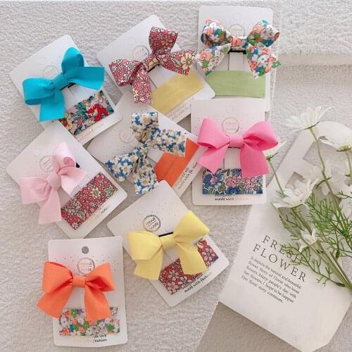 2pcs/set Cute Baby Girls Print Flower Boutiq for Kids Bowknots BB Hair Bow with Clip Solid Hairpin Barrette Hair Accessories