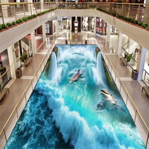 Wellyu Porpoise waterfall high definition 3D floor background custom large wall painting wear resistant and waterproof film