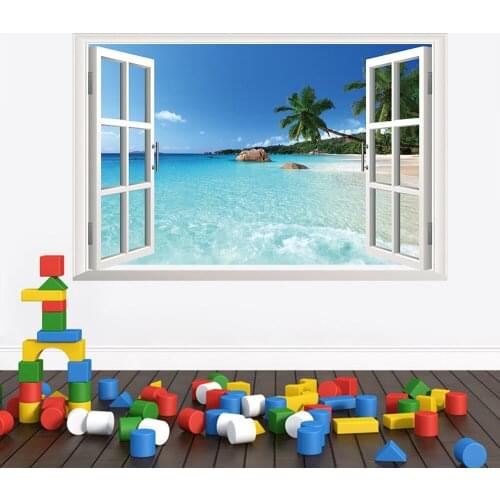 3D False Window Wallpaper Hawaii Scenery PVC Wall Stickers Tree Living Room Decoration Poster Kids Room Decals for Furniture