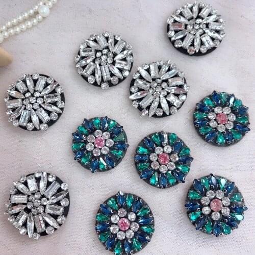 4 PCS Round Beaded Patches 3D Handmade Rhinestone Patches White Blue Green Chic Crystal Patch Sew On Cloth Bag Hat Accessories