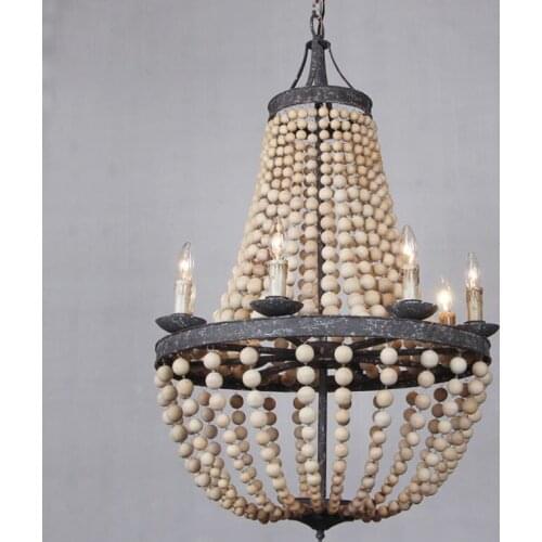 American country retro wooden bead chandelier living room French pastoral European style candle iron restaurant lamp