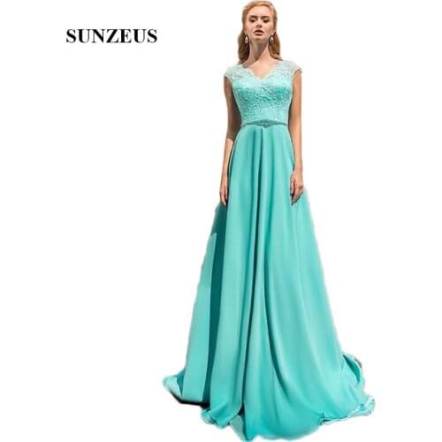 Turquoise Chiffon A-Line Bridesmaid Dresses 2019 Newly Lace Wedding Party Dresses V Neck Tank Beaded Prom Dress Backless SBD182
