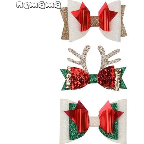 Ncmama Glitter Christmas Hair Clips For Girls Kids Christmas Gifts Hair Bows Hairpins Fashion Party Hair Accessories Headwear
