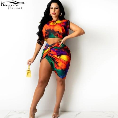 Bonnie Forest Fashion Tie Dye Crop Top And Twist Front Skirt Two-Piece Set Womens Summer Matching Outfits Skinny Party Club Wear