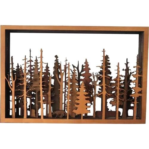 Wood Frame Carved Wall Plaque Animal Forest Trees Home Kitchen Office Decorative