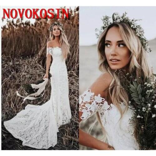 Elegant Boho Lace Wedding Dresses 2019 Country Style Off The Shoulder Short Sleeves Bridal Dresses Beach Wedding Gowns