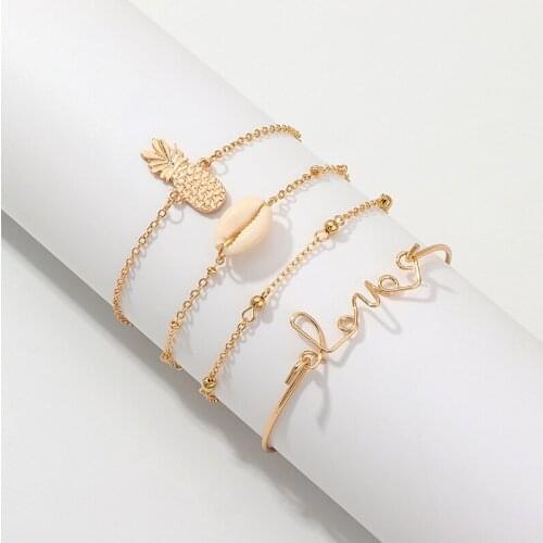 European & American Trendy Gold Color Love Pineapple Bead Bracelet Set for Women Chain Link Bracelets Jewelry Best Gift