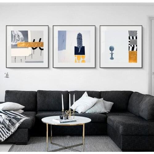 Modern Abstract Blue Gold Foil Dog Plant Canvas Art Fashion Poster and Print Wall Picture for Living Room Home BedroomDecorative