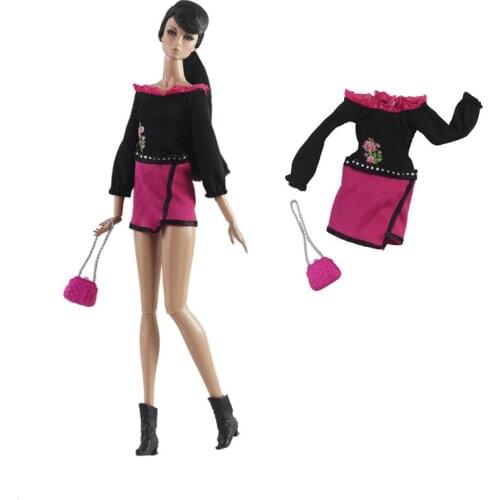 Classic Black Rosy Long Sleeve Dress 1/6 BJD Clothes for Barbie Doll Clothes Outfits Handbag 11.5" Dollhouse Accessories Toys