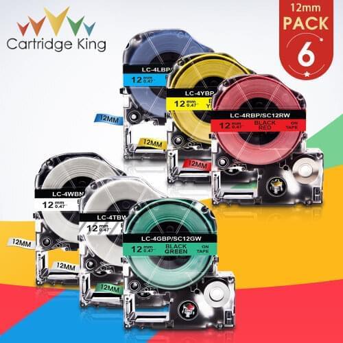 6PK ST12KW SS12KW SC12RW SC12YW SC12BW SC12GW Black on White 12mm 1/2" Label Ribbon Tape for Epson King Jim TepraPro Label Print