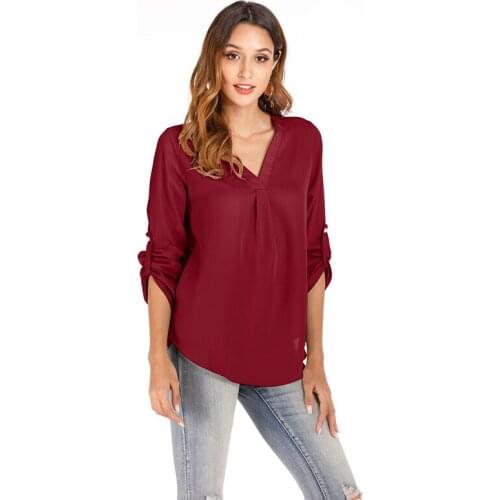 Fashion Women Chiffon Blouse Office V-neck Foldable Sleeve Casual Tops Autumn Spring Solid Irregular Shirts Streetwear