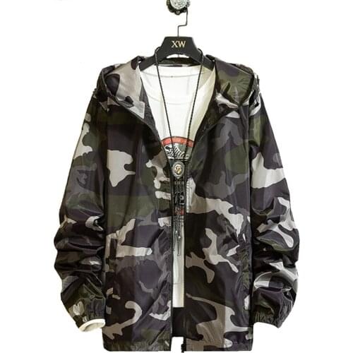 Mens spring and autumn mens casual zipper hooded waterproof coat windbreaker camouflage printing bomber Military Jacket Coat