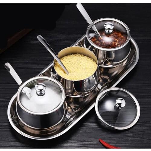 3/4 Grids Sets 304 Stainless Steel Seasoning Pot Set Round Seasoning Pot Seasoning Box Seasoning Box Salt Shaker Spice Tools