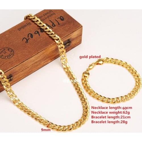 New gold 60cm Necklace 21cm bracelet Set Wholesale Trendy 9MM Width Cuban Chain Men Necklace Bracelet africa Jewelry Sets gifts