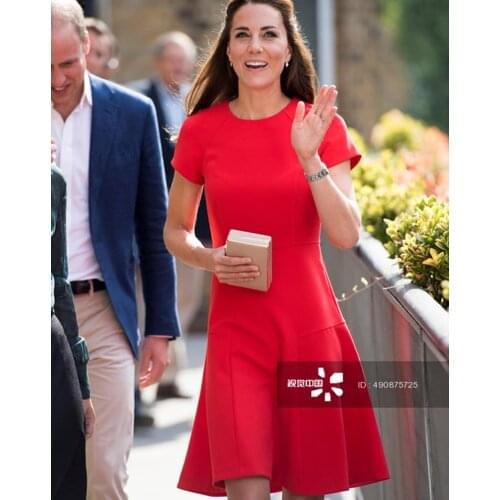 Kate Middleton Princess Women Dress 2019 New Short Sleeve O-Neck Red Solid Dresses E6666