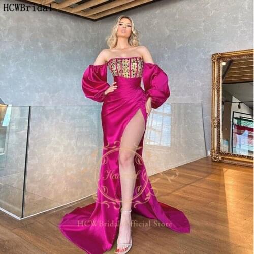 Stunning Fuchsia Long Sleeves Arabic Evening Dress Strapless Off The Shoulder Crystals Satin Sexy Women Special Occasion Gowns