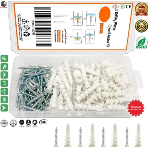 Excellent Plastic Self Drilling Drywall Ribbed Anchors with Phillips Flat Head Self Tapping Screws Assortment Kit,Drywall Anchor