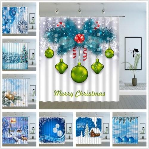 Christmas Shower Curtains Winter Snow Scenery Xmas Ball Ornaments Pine Tree Branches New Year Bathroom Decor Cloth Curtain Cheap