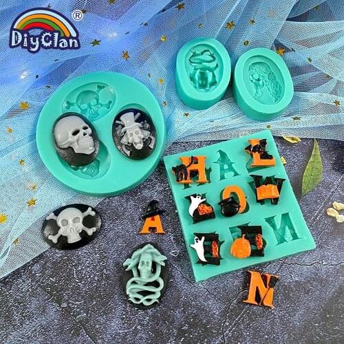Halloween Series Fondant Silicone Mold Skull Pumpkin Alphabet Skeleton Head Sugar DIY Biscuit Cupcake Chocolate Baking Mould