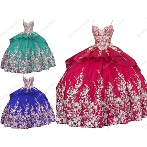 Modest Gold Flowers Embroidery Red Royal Blue Aqua Ball Gown Sweet 15 16 Party Quinceanera Dresses Vestidos De Fiesta Mexican