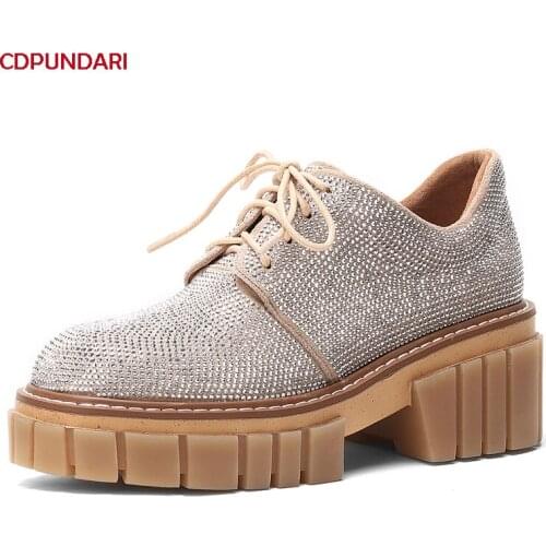 Fashion Black Lace Up Bling Flat Platform Shoes Women Spring Summer Casual Flats Ladies Popular