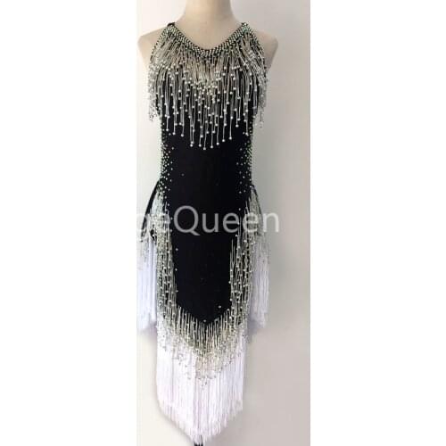 High-end Rhinestones Black Competition Latin Dance Dress Fringe Tassels Salsa Dresses Women Ballroom Dance Performance Costumes