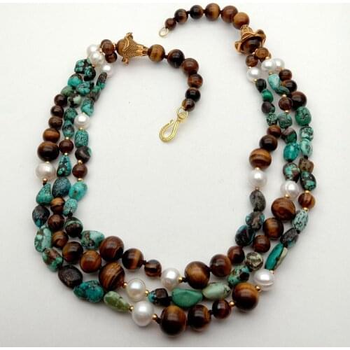 YYGEM Multi Strand genuine Natural Nugget Turquoise Round Tiger Eye White Freshwater Pearl choker Necklace 23" Ethnic style
