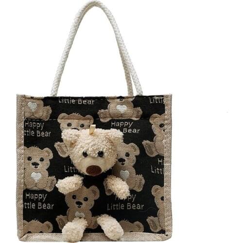 Cute Bear Print Pendant Handbag for Xmas Casual Linen Canvas Top-handle Gift Bag Fashion Exquisite Shopping Bag