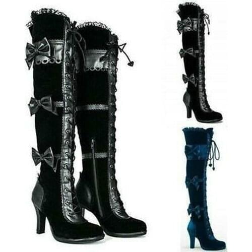 OLOMLB Steampunk Victorian Women High Heel Gothic Tall Lace Up Thigh High Pirate Boot Over Knee Bowknot Lolita Riding Shoes Plus