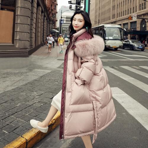 Women Long Oversize Down Jackets Thick Casual 2021 Winter Female Down Coats Hooded Stitched Fox Fur Collar Piumini Donna