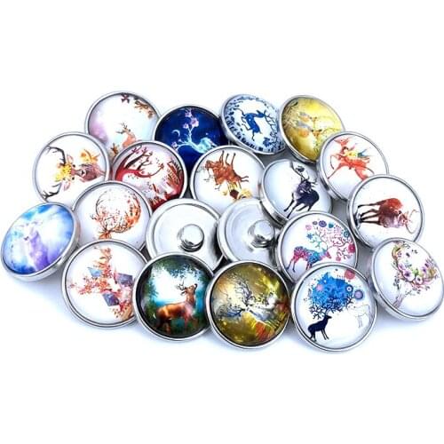 20pcs/lot 18mm 20mm Christmas Elk Pattern Glass Cabochon Snap Buttons for DIY Snaps Bracelet Necklace Charm Findings N016