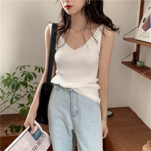 2021Korean Fashion Women Tops Sexy Halter tops Lady Ice Silk V-neck Camisole Top Woman Knitted Sleeveless Camis Tees Top